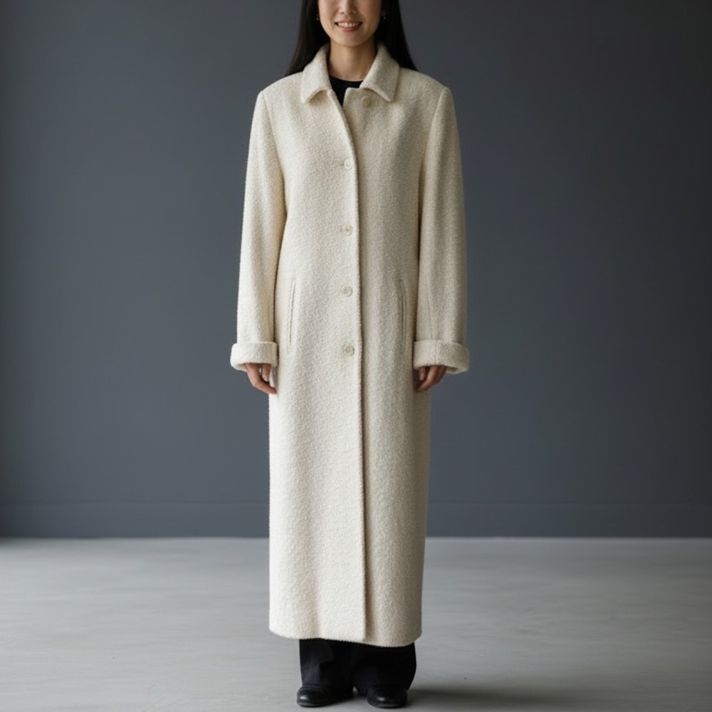 Vtg Anne Klein Classics Cream Wool Bouclé Long Coat Sz 8 Deadstock NWT